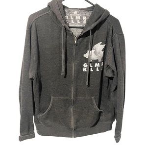 GLMR KLLS Size Medium Flying Pig Graphic Burnout Grey Full Zip Hooded Sweatshirt